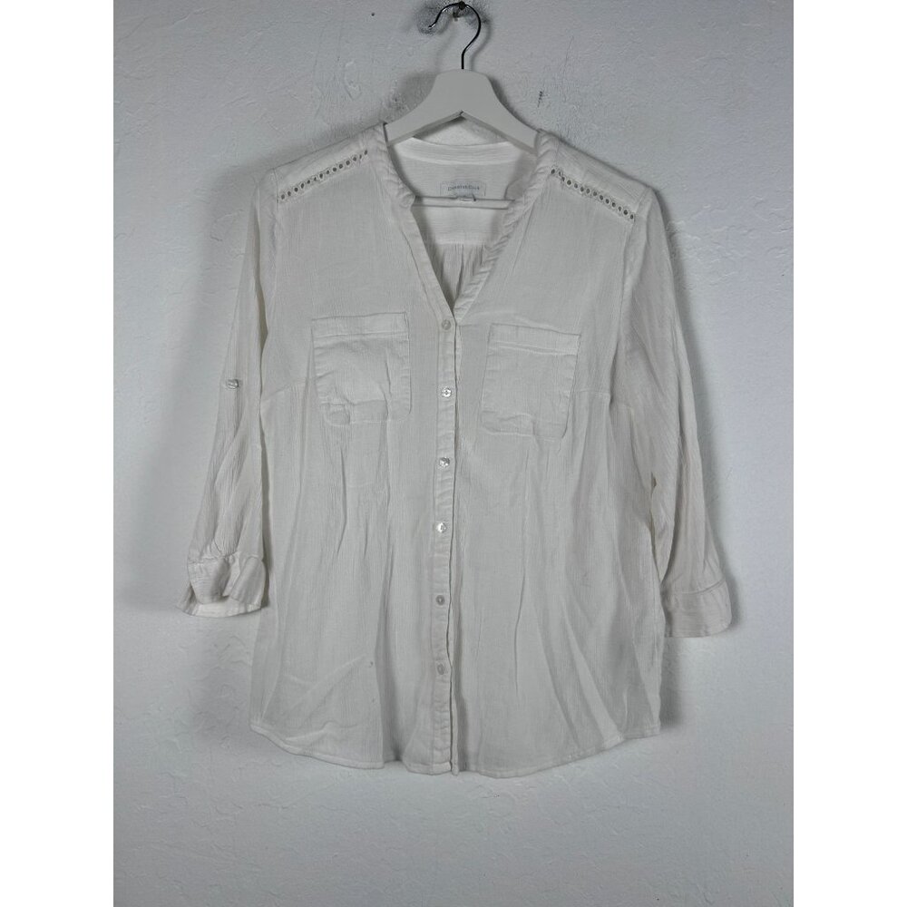 Charter Club Womens White Cut-Out Roll Tab Sleeve Button Up Shirt Top Medium